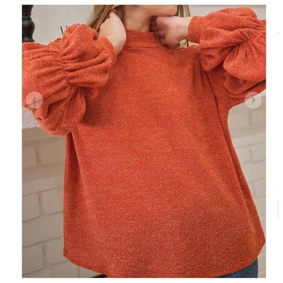 13 Boho Mock Neck Shirring Balloon Sleeve Knit Top - Picture 6 of 7